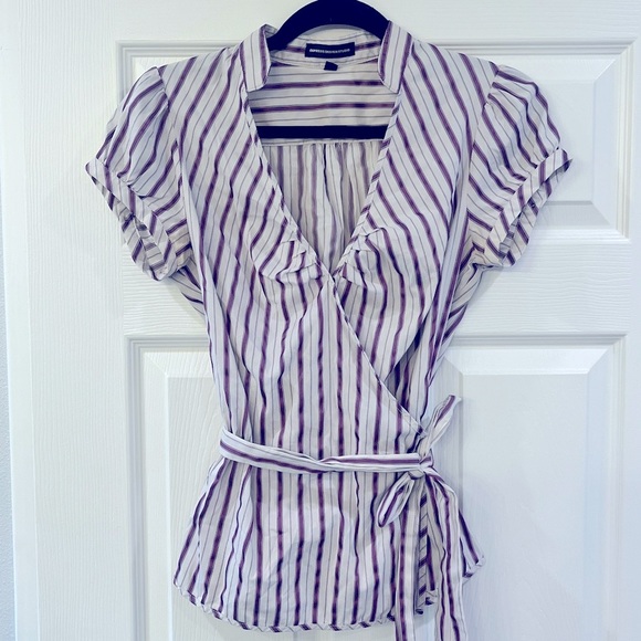 Express Studio purple striped cap sleeve wrap blouse M - Picture 3 of 11